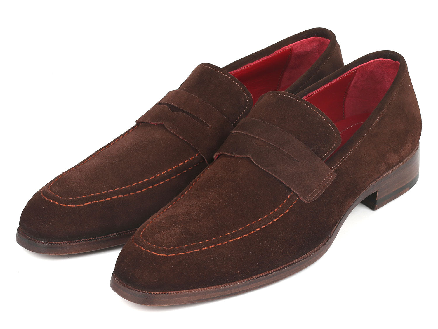 Paul Parkman Men's Penny Loafers in brown suede with antique leather sole and bordeaux lining, showcasing elegant craftsmanship.