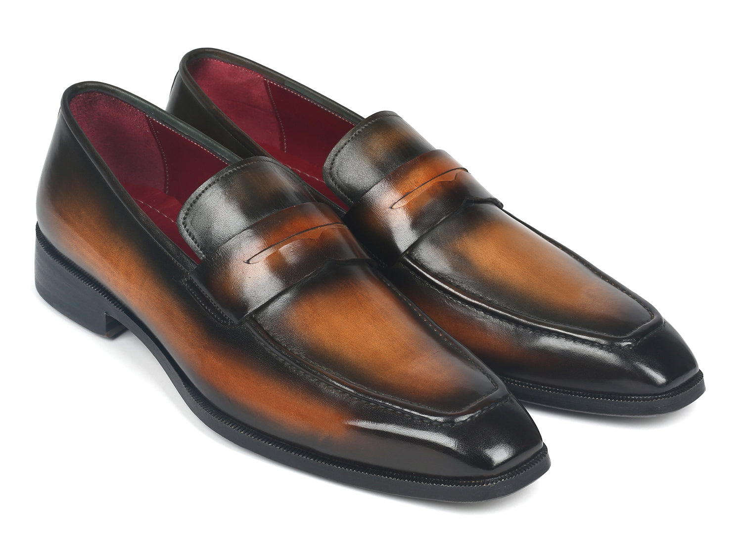 Paul Parkman Men's Penny Loafers in Olive Brown, featuring hand-painted calfskin leather and antique finished sole.