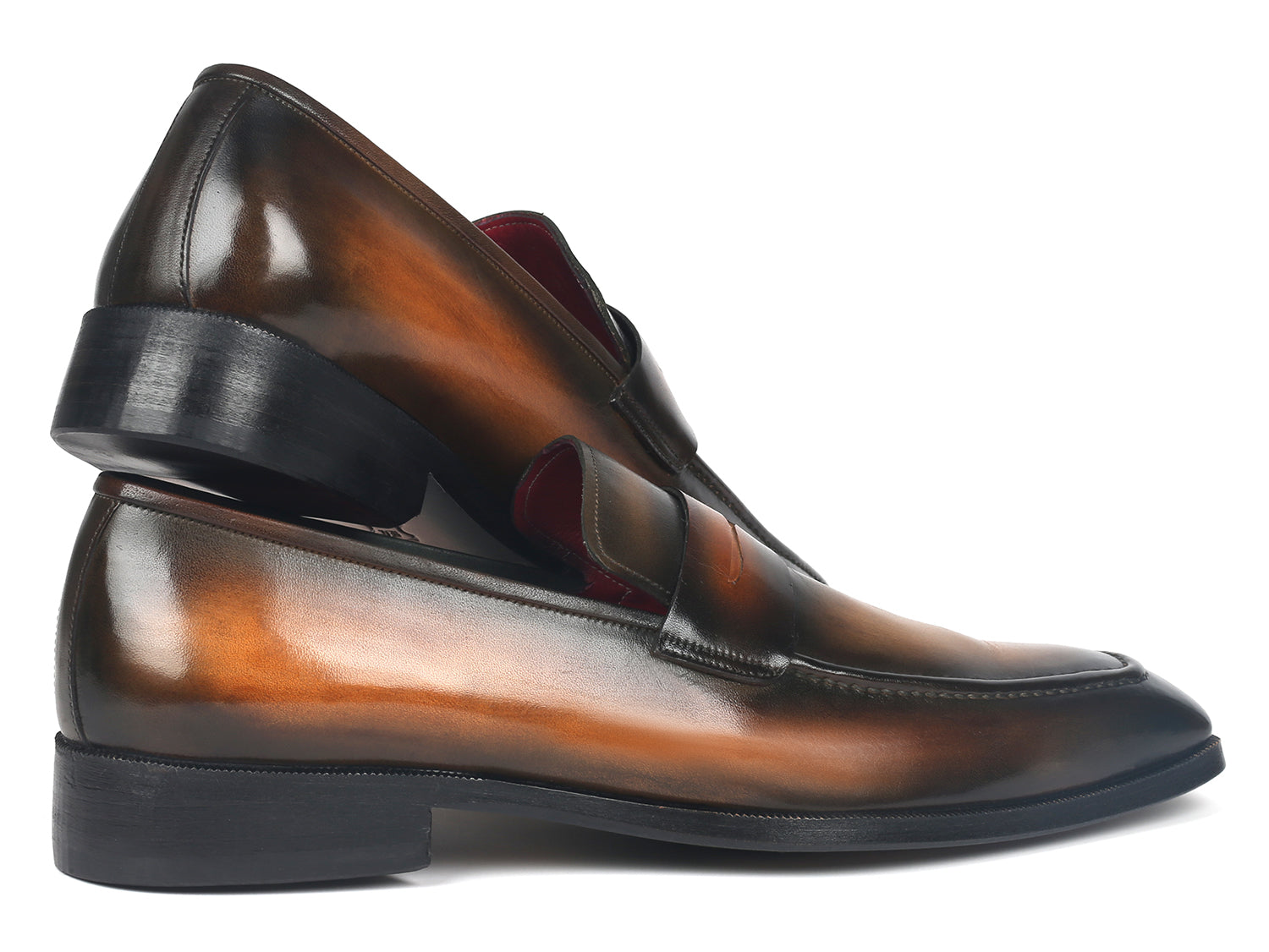 Paul Parkman Men's Penny Loafers in Olive Brown, featuring hand-painted calfskin leather and antique finished sole.