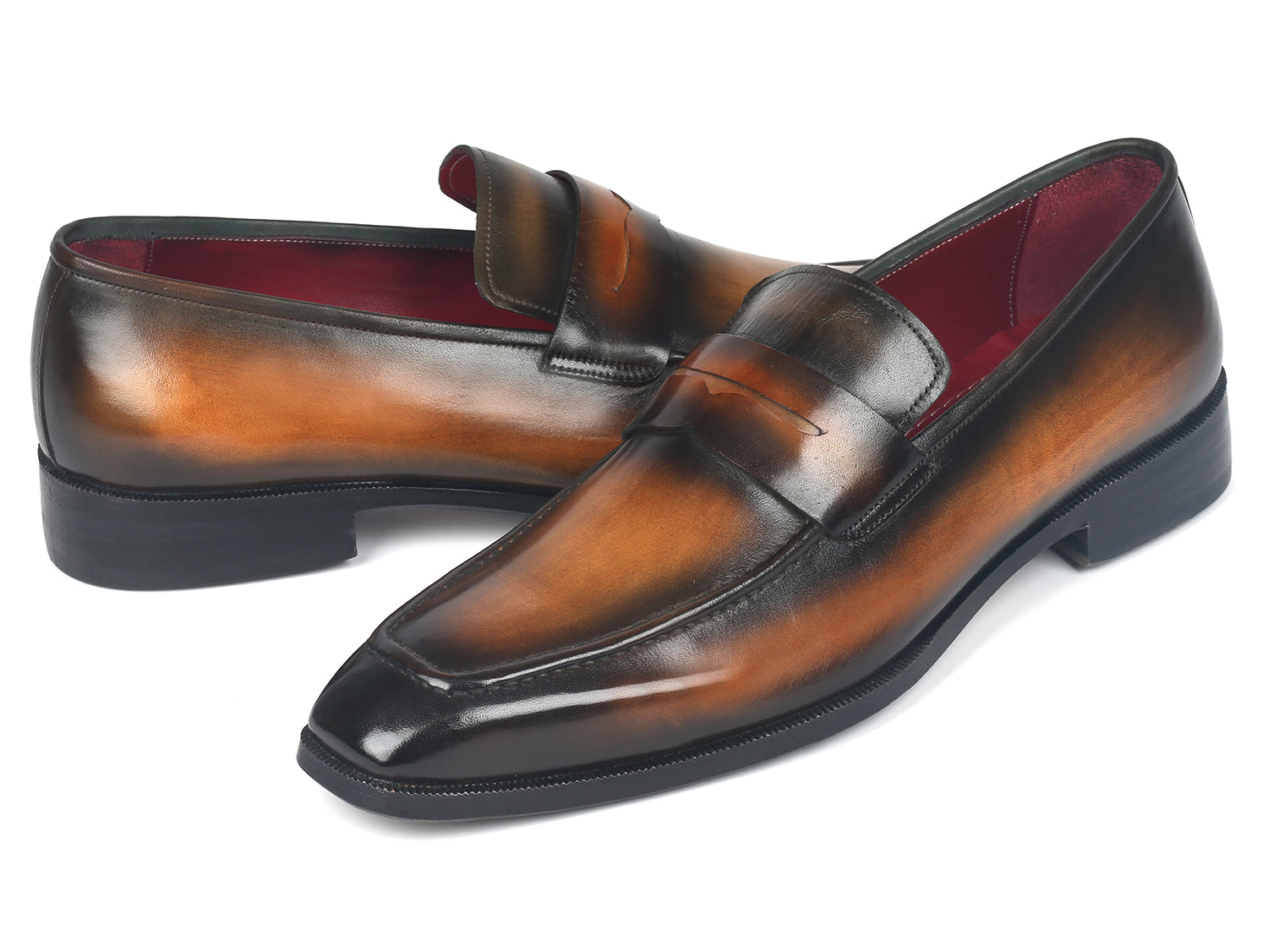 Paul Parkman Men's Penny Loafers in Olive Brown, featuring hand-painted calfskin leather and antique finished sole.