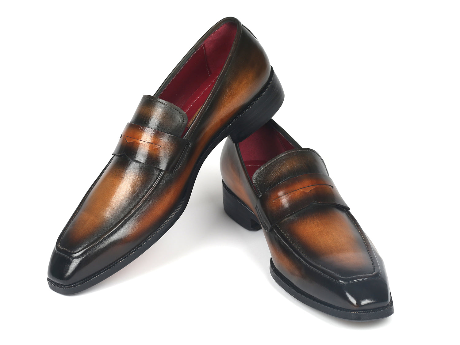 Paul Parkman Men's Penny Loafers in Olive Brown, featuring hand-painted calfskin leather and antique finished sole.