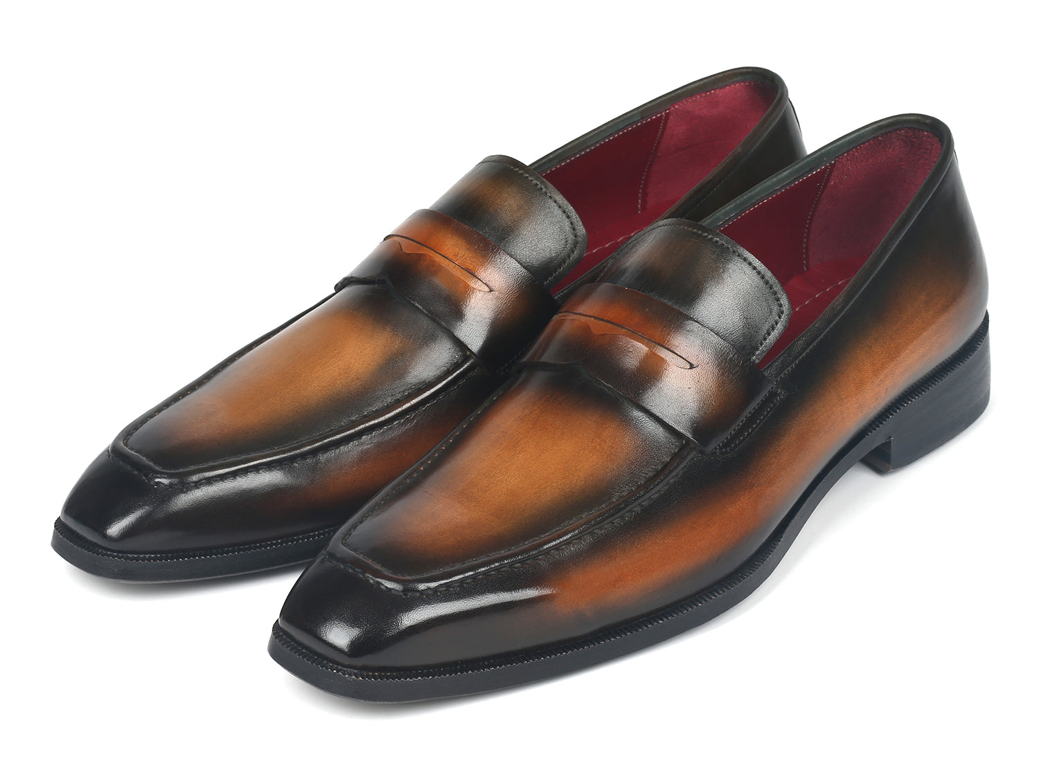 Paul Parkman Men's Penny Loafers in Olive Brown, featuring hand-painted calfskin leather and antique finished sole.