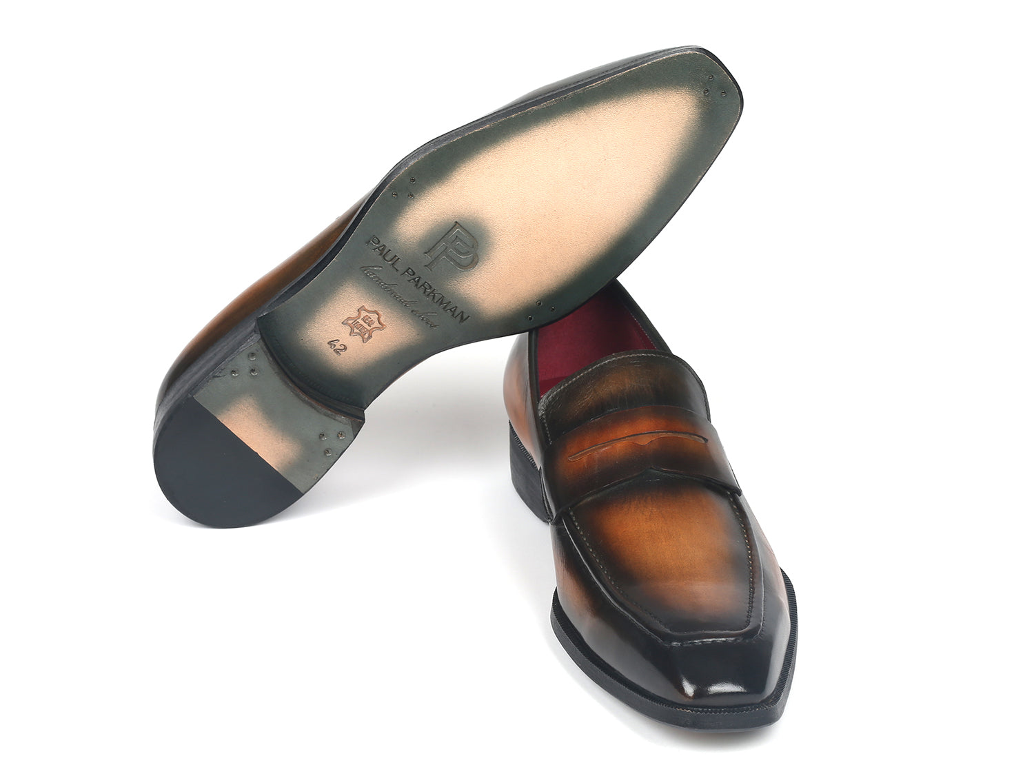 Paul Parkman Men's Penny Loafers in Olive Brown, featuring hand-painted calfskin leather and antique finished sole.