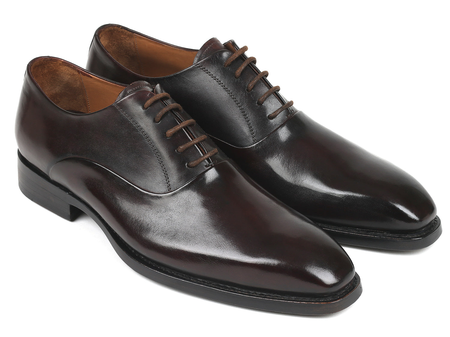 Paul Parkman Men's Plain Toe Oxfords in Brown, featuring hand-painted leather upper and burnished leather sole.