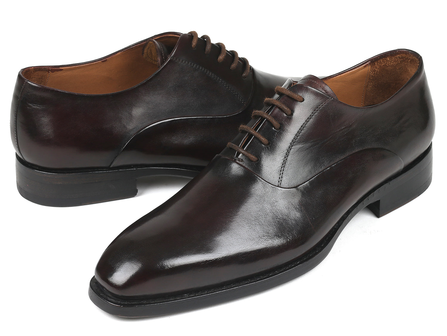 Paul Parkman Men's Plain Toe Oxfords in Brown, featuring hand-painted leather upper and burnished leather sole.