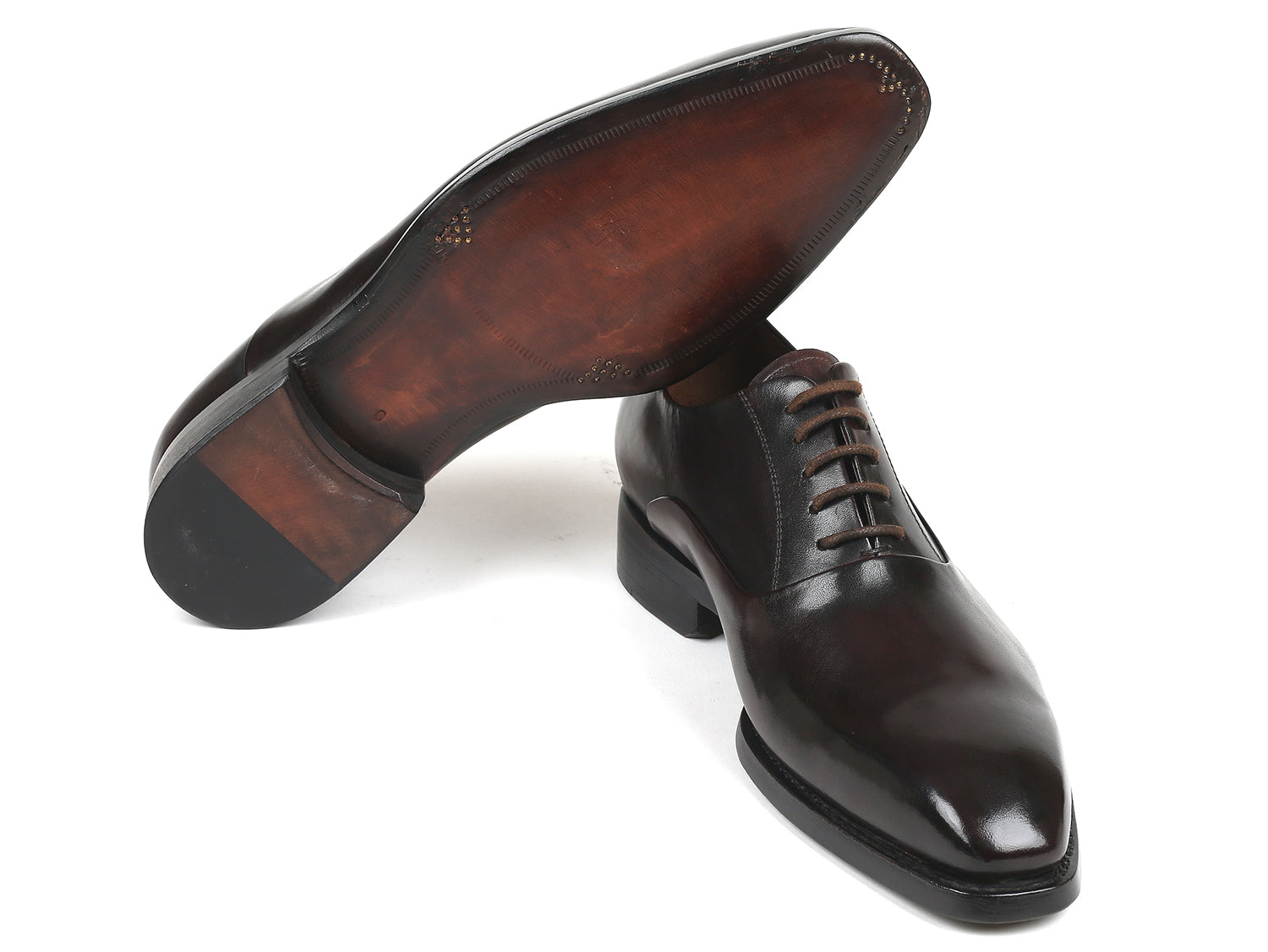 Paul Parkman Men's Plain Toe Oxfords in Brown, featuring hand-painted leather upper and burnished leather sole.