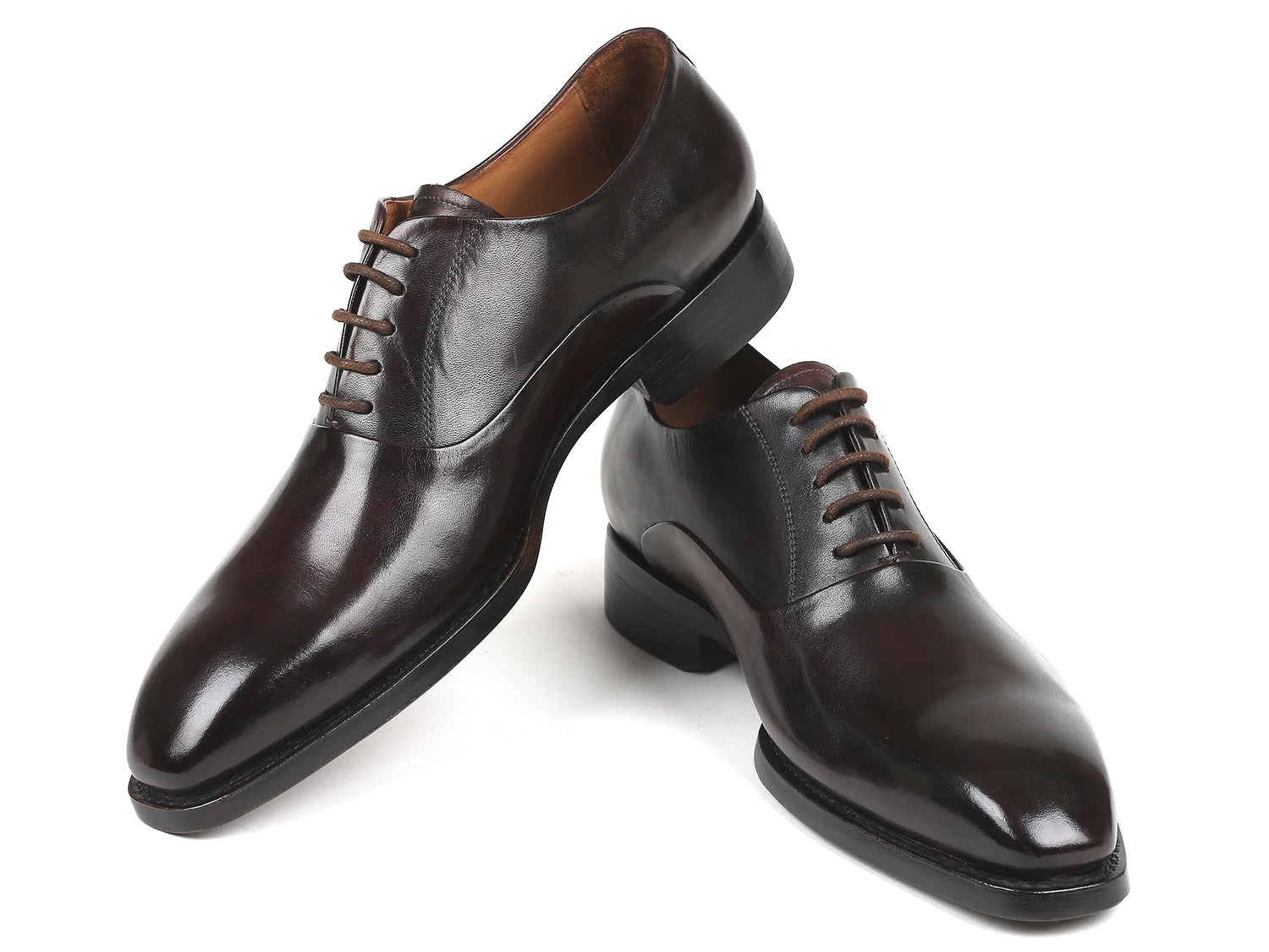 Paul Parkman Men's Plain Toe Oxfords in Brown, featuring hand-painted leather upper and burnished leather sole.