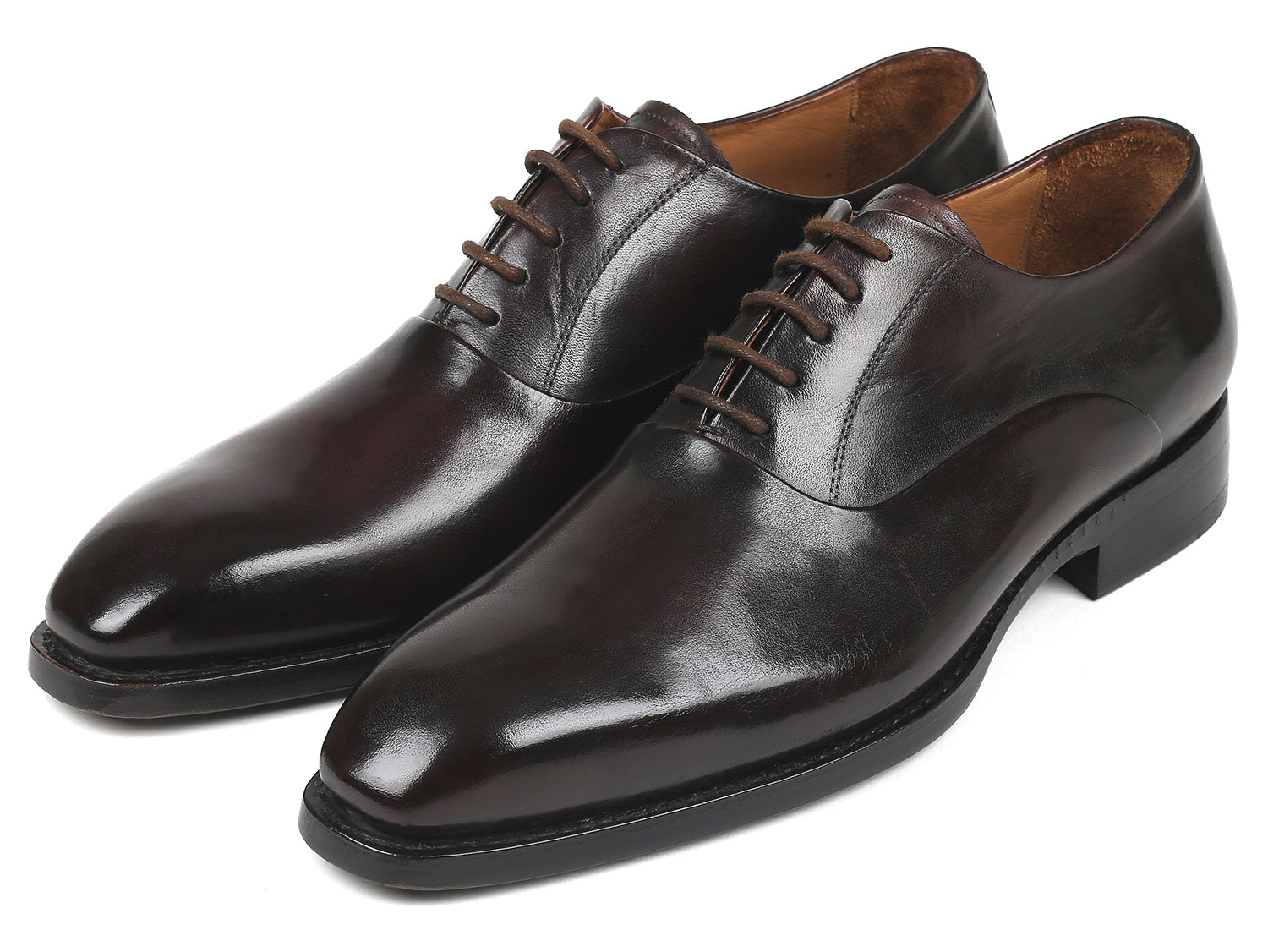 Paul Parkman Men's Plain Toe Oxfords in Brown, featuring hand-painted leather upper and burnished leather sole.