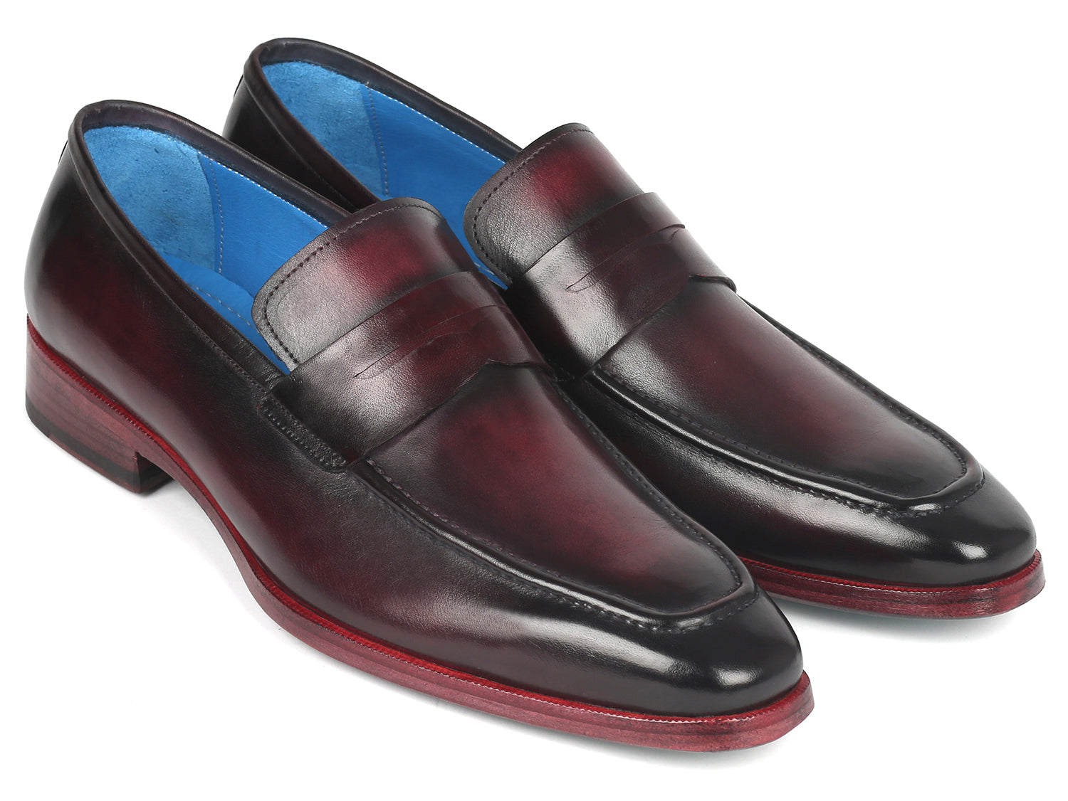 Paul Parkman Men's Purple Burnished Penny Loafers featuring hand-painted leather upper and turquoise sole.