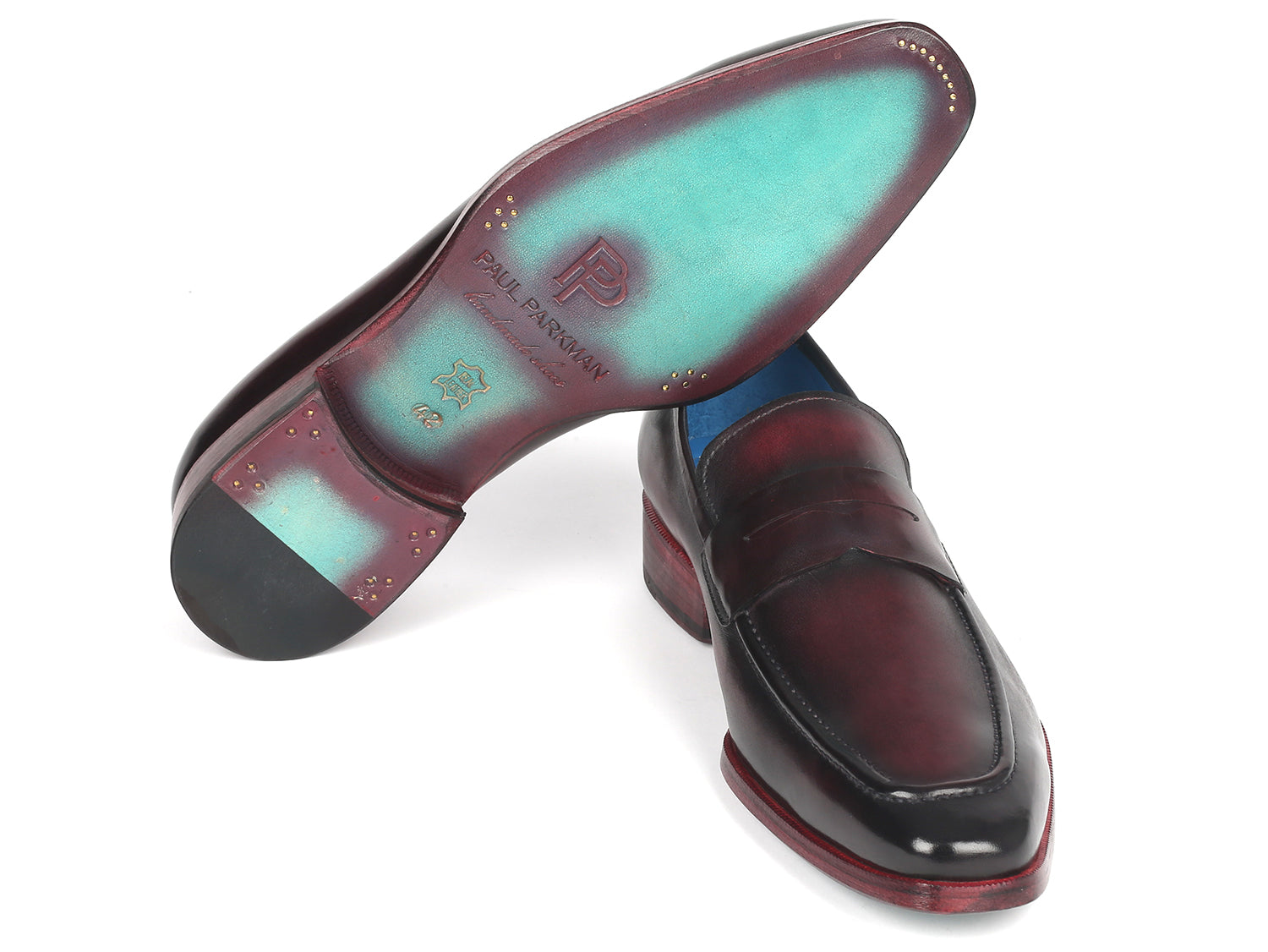 Paul Parkman Men's Purple Burnished Penny Loafers featuring hand-painted leather upper and turquoise sole.