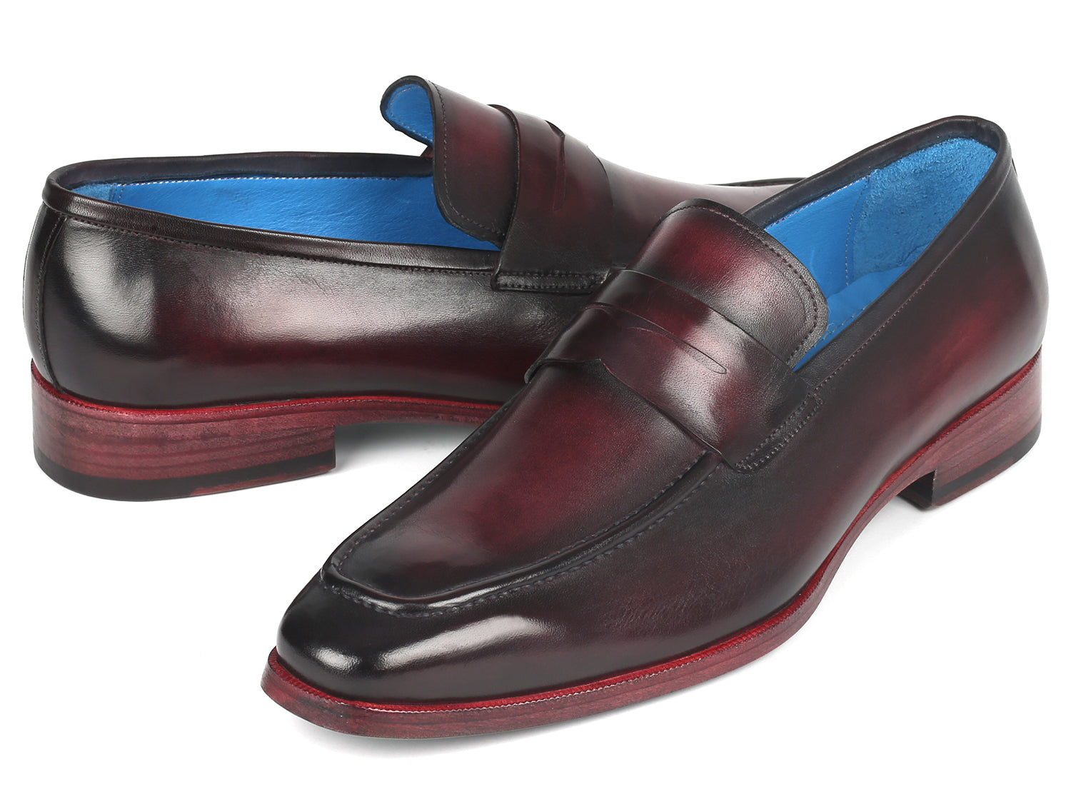 Paul Parkman Men's Purple Burnished Penny Loafers featuring hand-painted leather upper and turquoise sole.