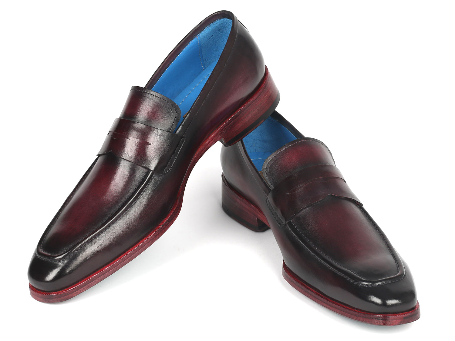 Paul Parkman Men's Purple Burnished Penny Loafers featuring hand-painted leather upper and turquoise sole.