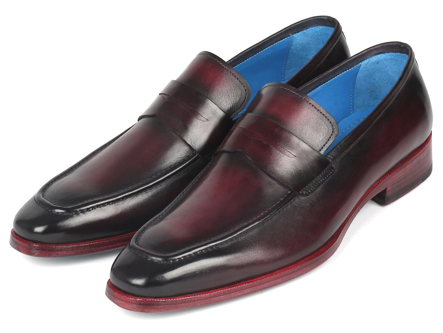 Paul Parkman Men's Purple Burnished Penny Loafers featuring hand-painted leather upper and turquoise sole.