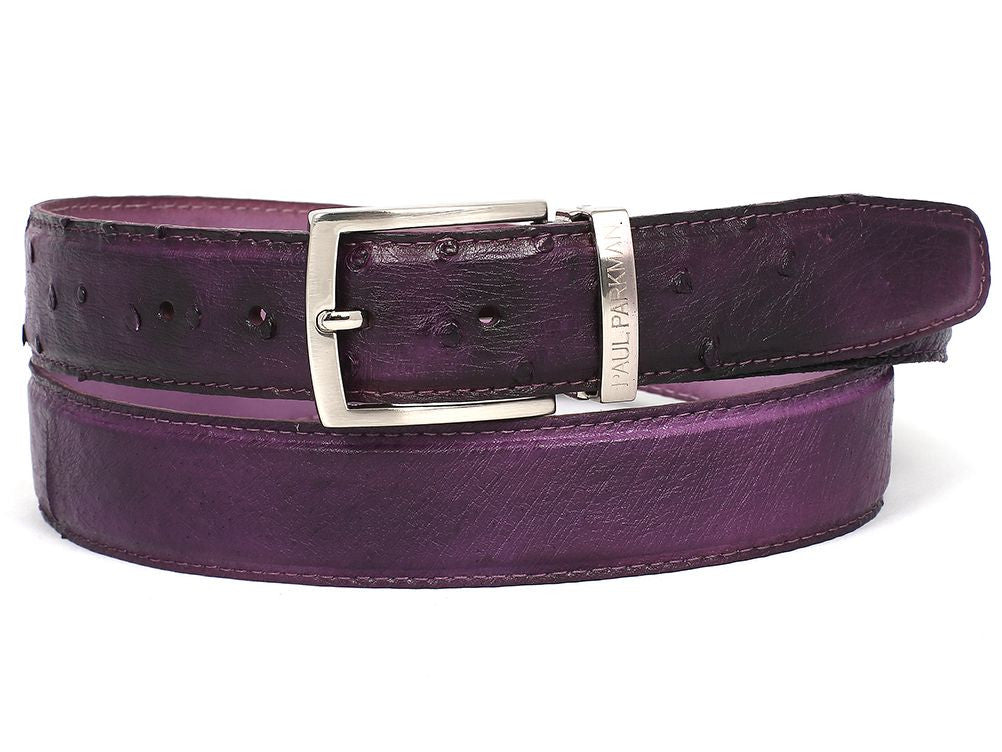 PAUL PARKMAN Men's Purple Genuine Ostrich Belt showcasing its luxurious texture and hand-painted finish.