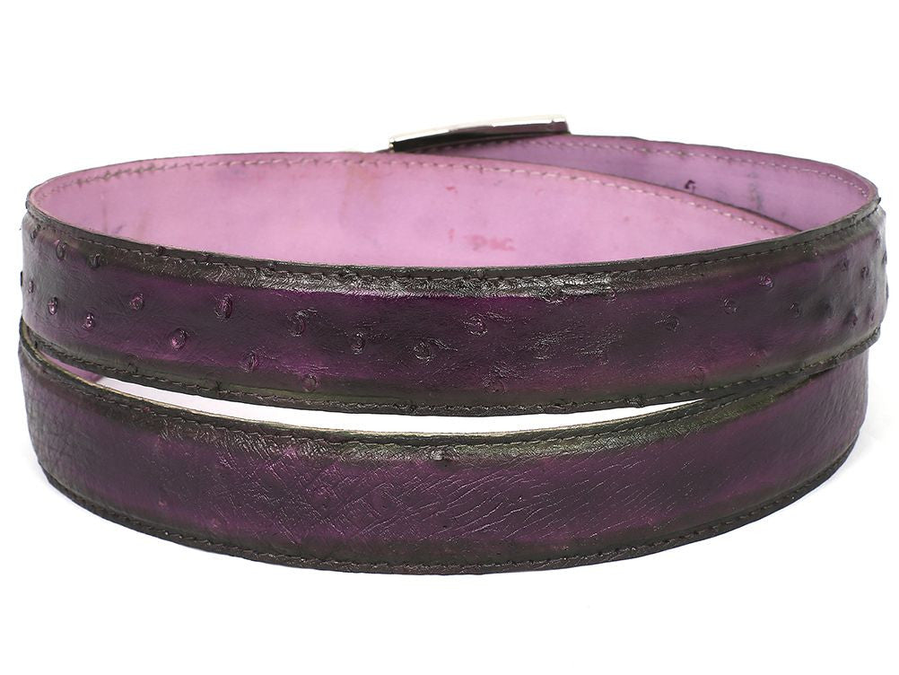 PAUL PARKMAN Men's Purple Genuine Ostrich Belt showcasing its luxurious texture and hand-painted finish.