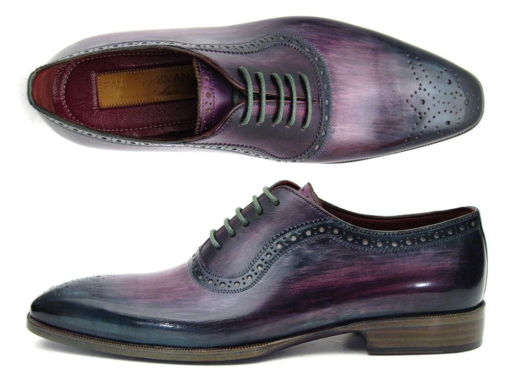 Paul Parkman Men's Purple & Navy Medallion Toe Oxfords showcasing unique hand-painted leather and turquoise patina sole.