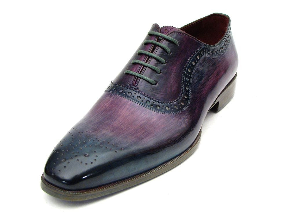 Paul Parkman Men's Purple & Navy Medallion Toe Oxfords showcasing unique hand-painted leather and turquoise patina sole.