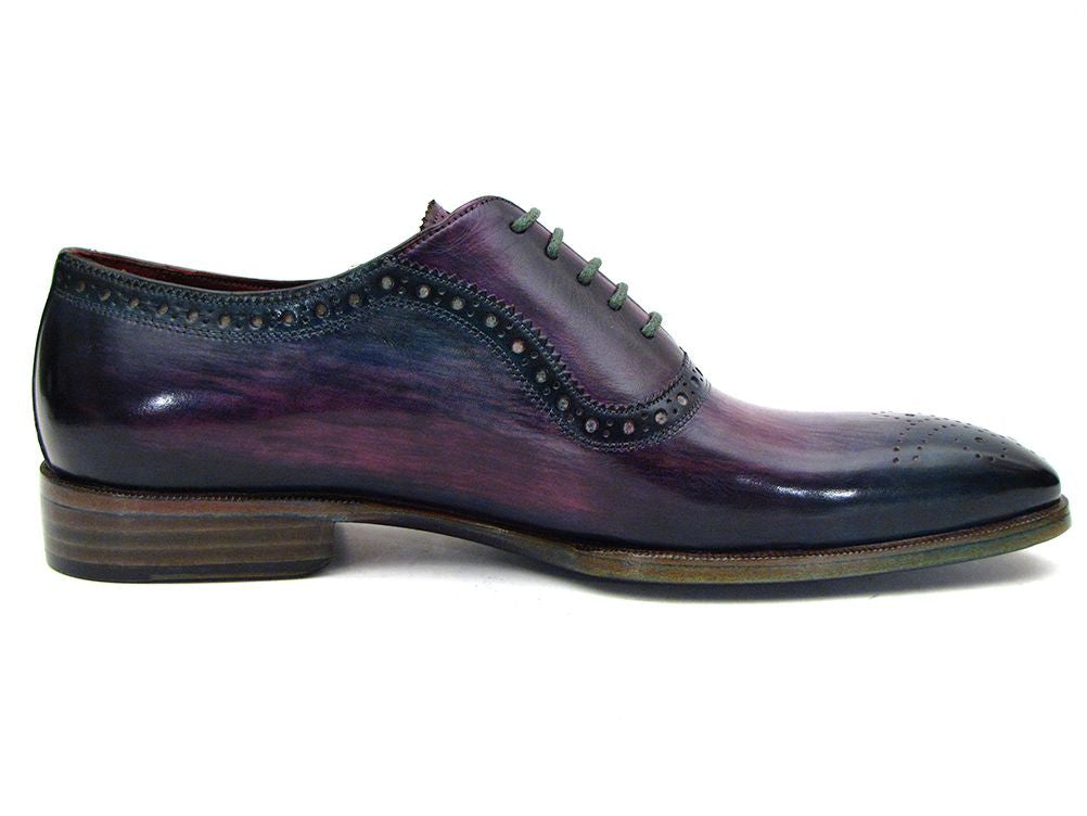 Paul Parkman Men's Purple & Navy Medallion Toe Oxfords showcasing unique hand-painted leather and turquoise patina sole.