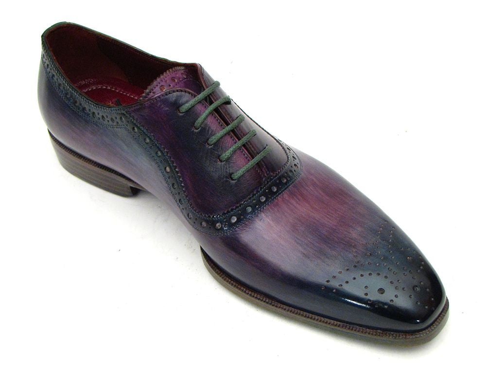 Paul Parkman Men's Purple & Navy Medallion Toe Oxfords showcasing unique hand-painted leather and turquoise patina sole.