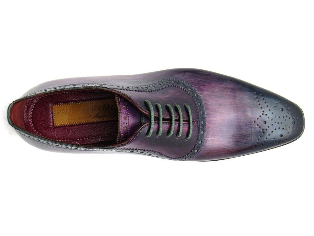 Paul Parkman Men's Purple & Navy Medallion Toe Oxfords showcasing unique hand-painted leather and turquoise patina sole.