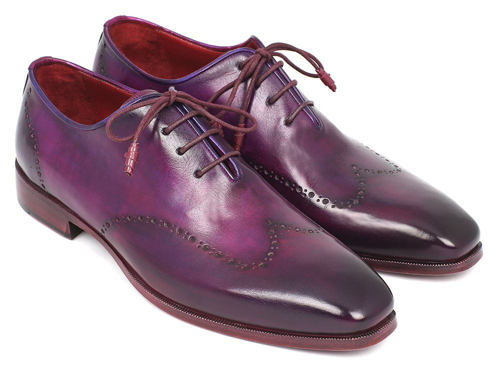 Paul Parkman Men's Purple Wingtip Oxfords showcasing hand-painted calfskin upper and leather wrapped laces.