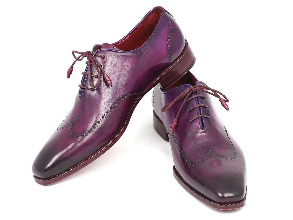 Paul Parkman Men's Purple Wingtip Oxfords showcasing hand-painted calfskin upper and leather wrapped laces.