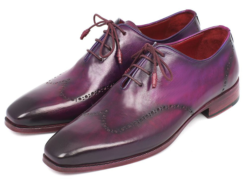 Paul Parkman Men's Purple Wingtip Oxfords showcasing hand-painted calfskin upper and leather wrapped laces.