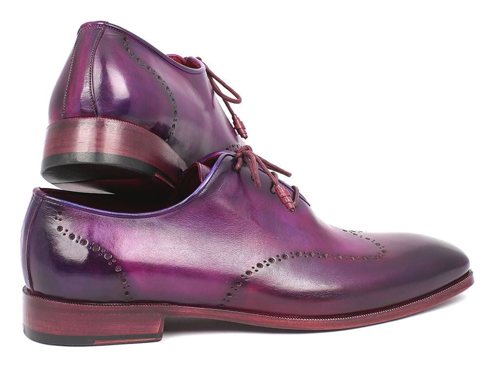 Paul Parkman Men's Purple Wingtip Oxfords showcasing hand-painted calfskin upper and leather wrapped laces.