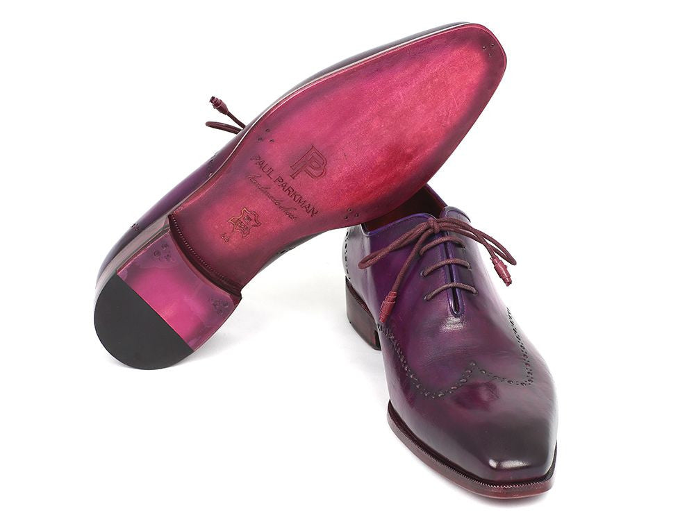 Paul Parkman Men's Purple Wingtip Oxfords showcasing hand-painted calfskin upper and leather wrapped laces.