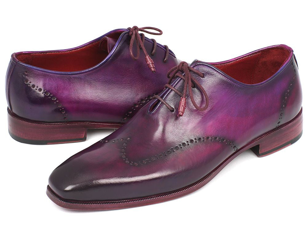 Paul Parkman Men's Purple Wingtip Oxfords showcasing hand-painted calfskin upper and leather wrapped laces.