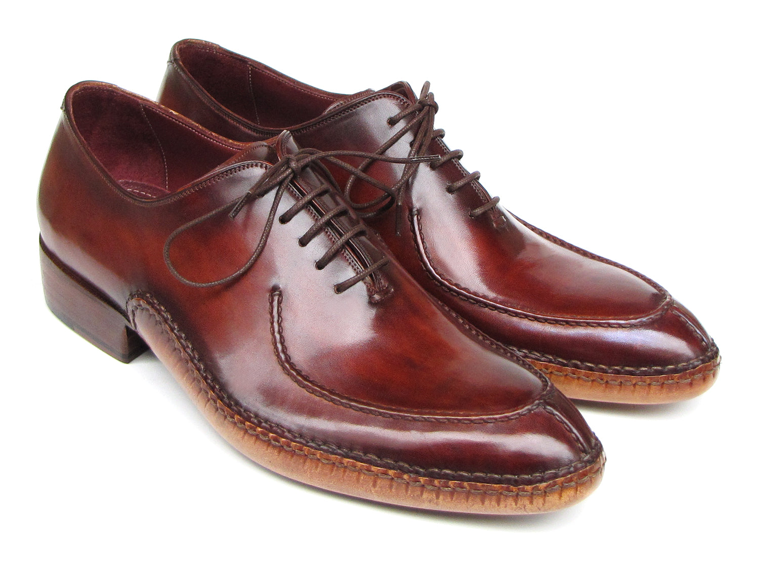 Paul Parkman Men's Side Handsewn Split-toe Oxfords in burgundy leather with a unique hand-painted finish and leather sole.