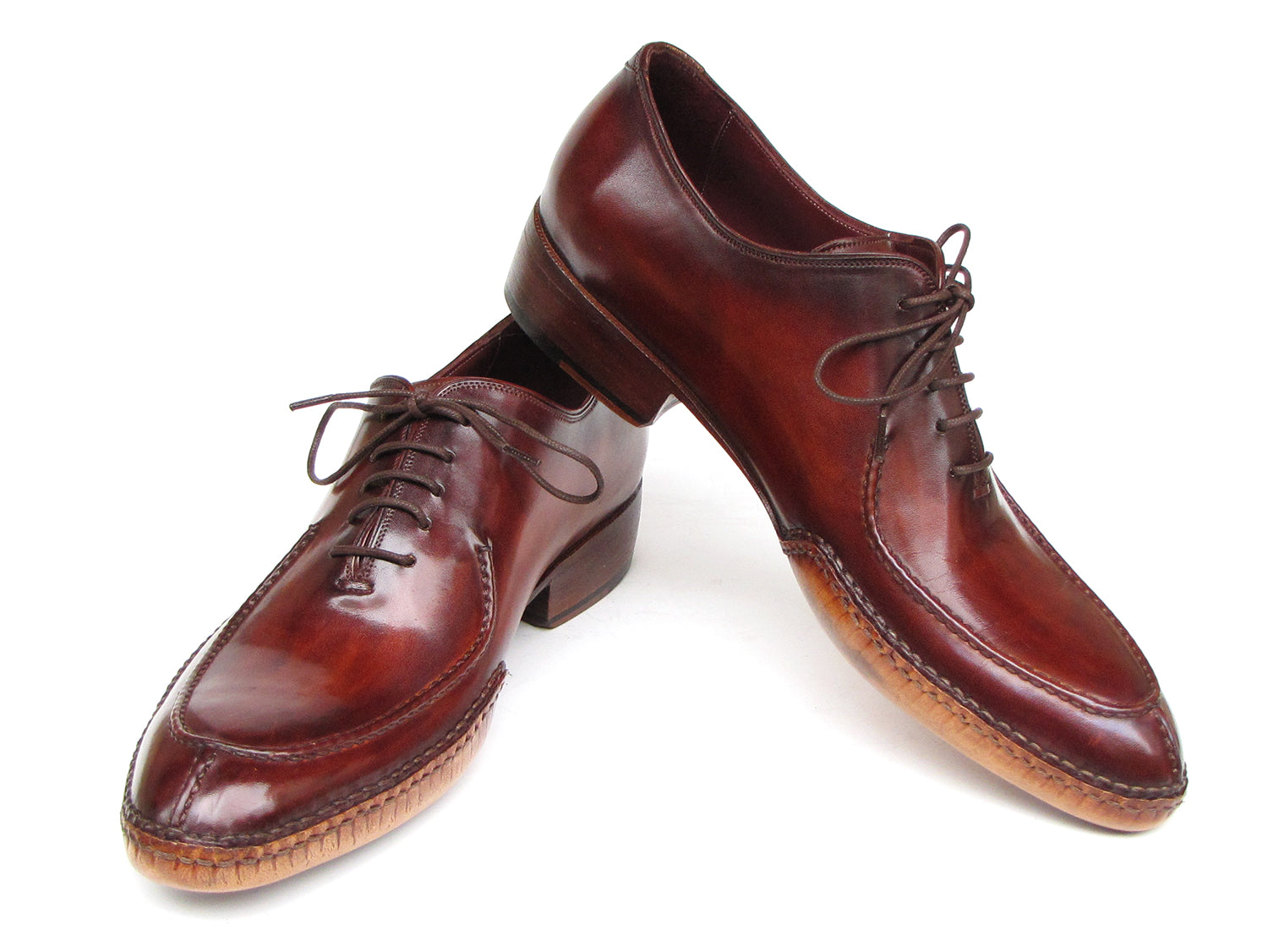 Paul Parkman Men's Side Handsewn Split-toe Oxfords in burgundy leather with a unique hand-painted finish and leather sole.