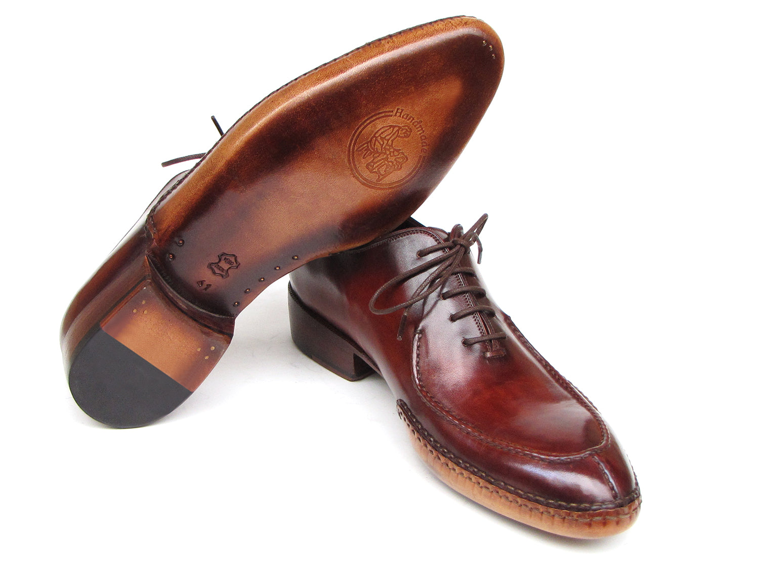 Paul Parkman Men's Side Handsewn Split-toe Oxfords in burgundy leather with a unique hand-painted finish and leather sole.