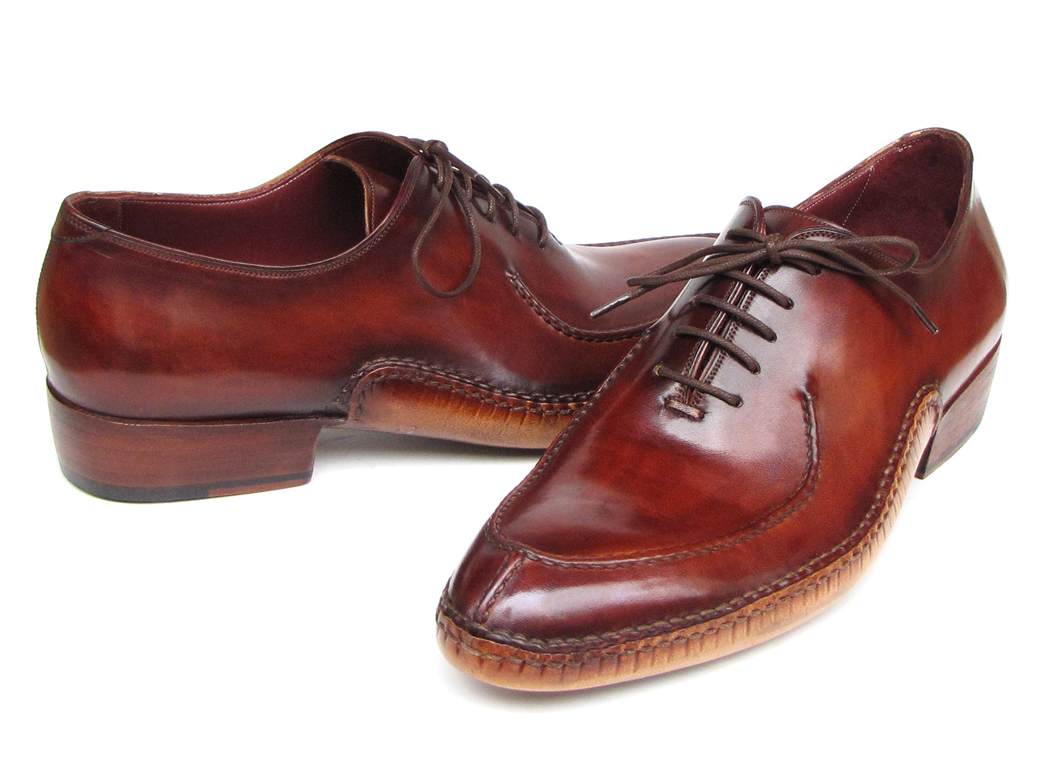 Paul Parkman Men's Side Handsewn Split-toe Oxfords in burgundy leather with a unique hand-painted finish and leather sole.