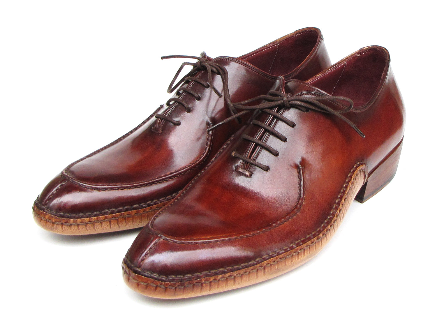 Paul Parkman Men's Side Handsewn Split-toe Oxfords in burgundy leather with a unique hand-painted finish and leather sole.