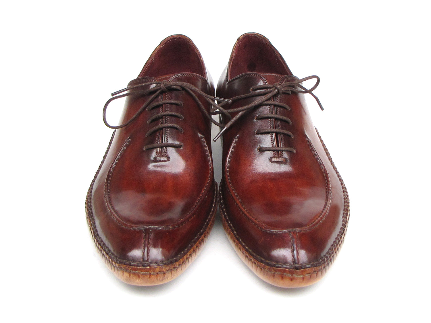 Paul Parkman Men's Side Handsewn Split-toe Oxfords in burgundy leather with a unique hand-painted finish and leather sole.