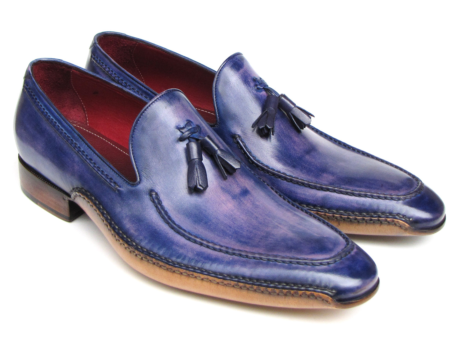 Paul Parkman Men's Side Handsewn Tassel Loafer in blue and purple, showcasing unique hand-painted leather and elegant tassel design.