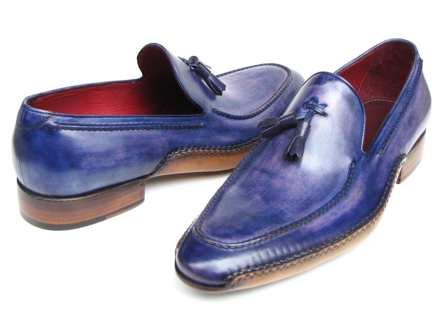 Paul Parkman Men's Side Handsewn Tassel Loafer in blue and purple, showcasing unique hand-painted leather and elegant tassel design.