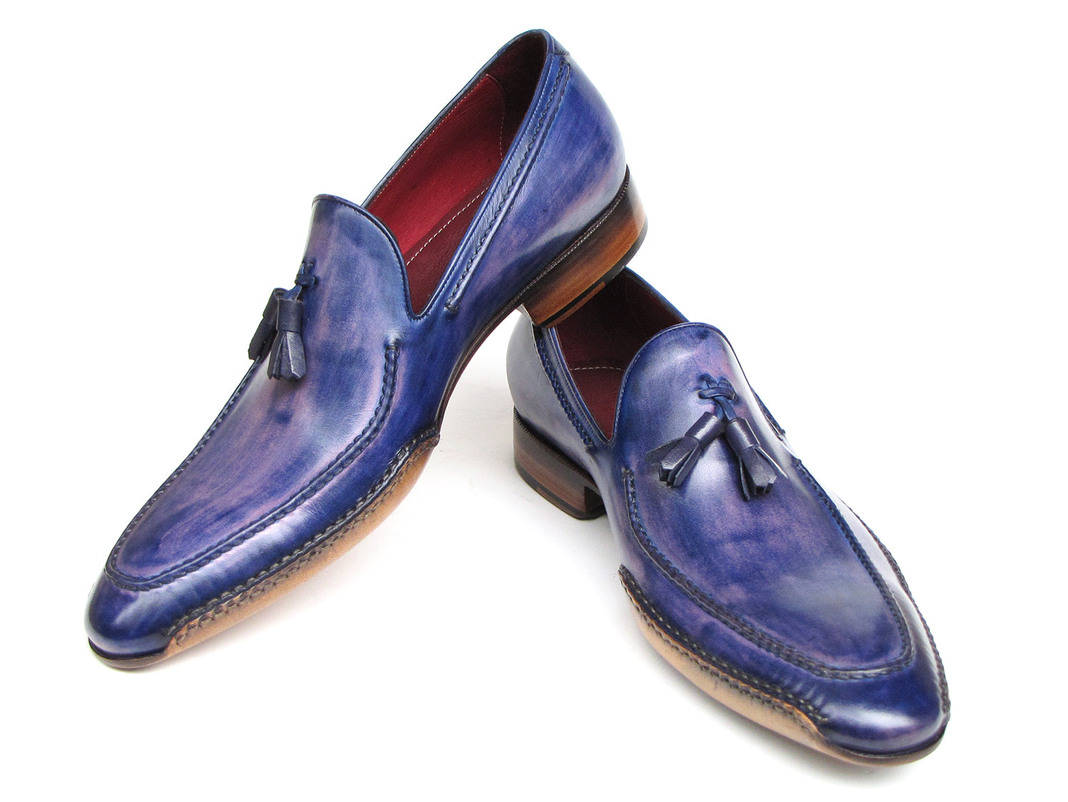 Paul Parkman Men's Side Handsewn Tassel Loafer in blue and purple, showcasing unique hand-painted leather and elegant tassel design.