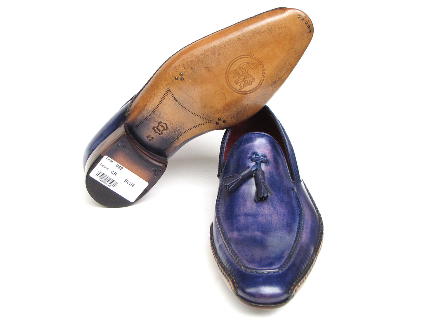 Paul Parkman Men's Side Handsewn Tassel Loafer in blue and purple, showcasing unique hand-painted leather and elegant tassel design.