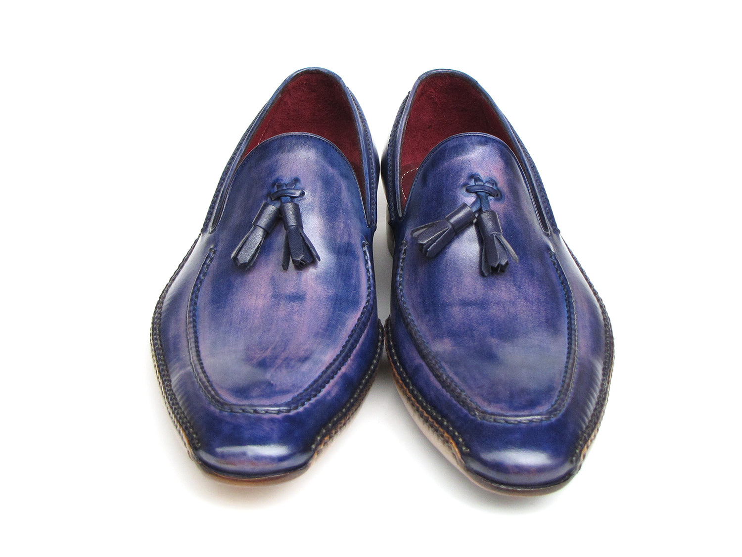 Paul Parkman Men's Side Handsewn Tassel Loafer in blue and purple, showcasing unique hand-painted leather and elegant tassel design.