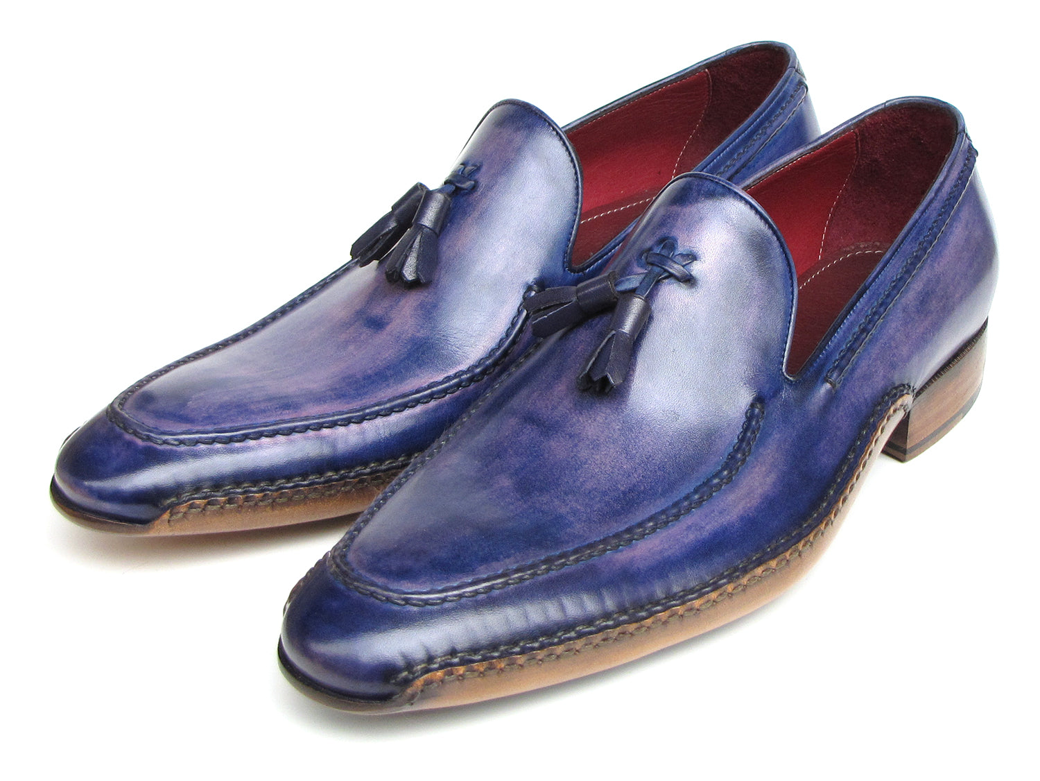 Paul Parkman Men's Side Handsewn Tassel Loafer in blue and purple, showcasing unique hand-painted leather and elegant tassel design.