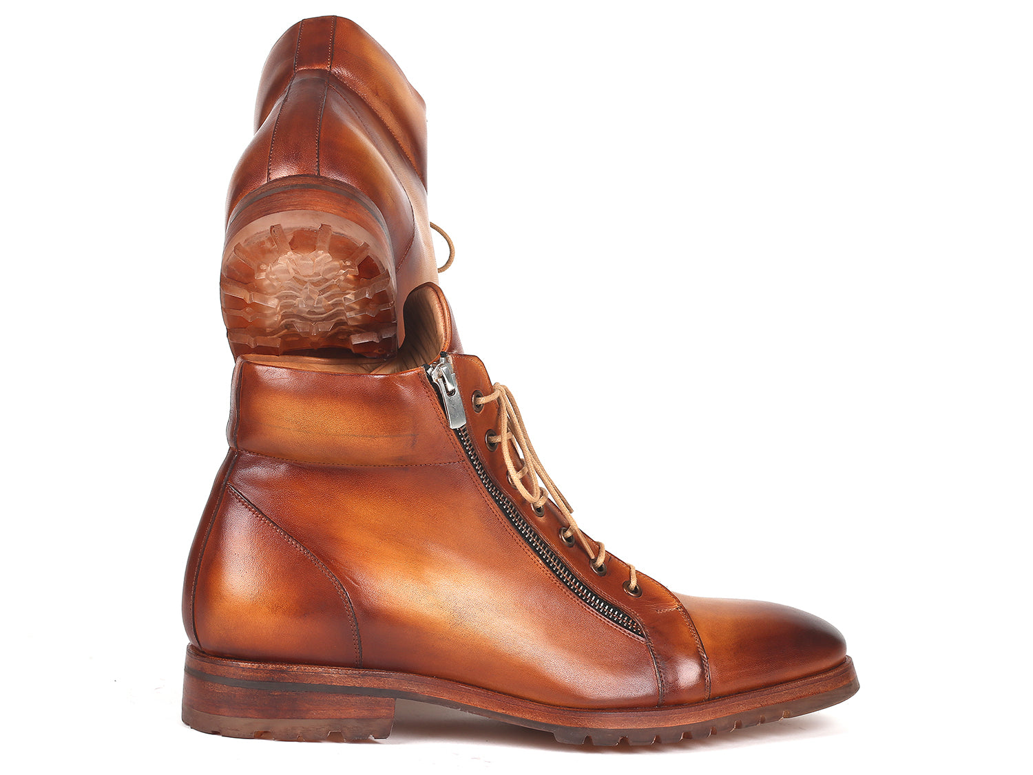 Paul Parkman Men's Side Zipper Leather Boots in light brown, featuring decorative zippers and a hand-painted calfskin upper.