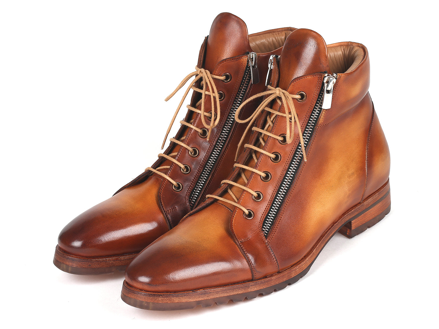 Paul Parkman Men's Side Zipper Leather Boots in light brown, featuring decorative zippers and a hand-painted calfskin upper.