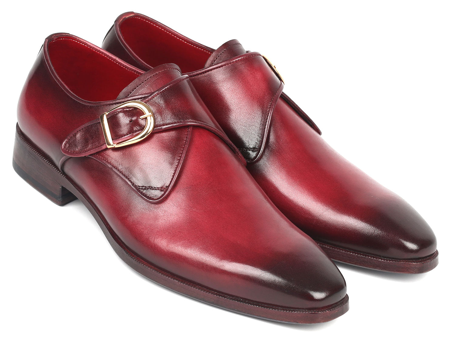 Paul Parkman Men's Single Monkstrap Shoes in burgundy leather with blue burnished sole, showcasing elegant craftsmanship and unique design.