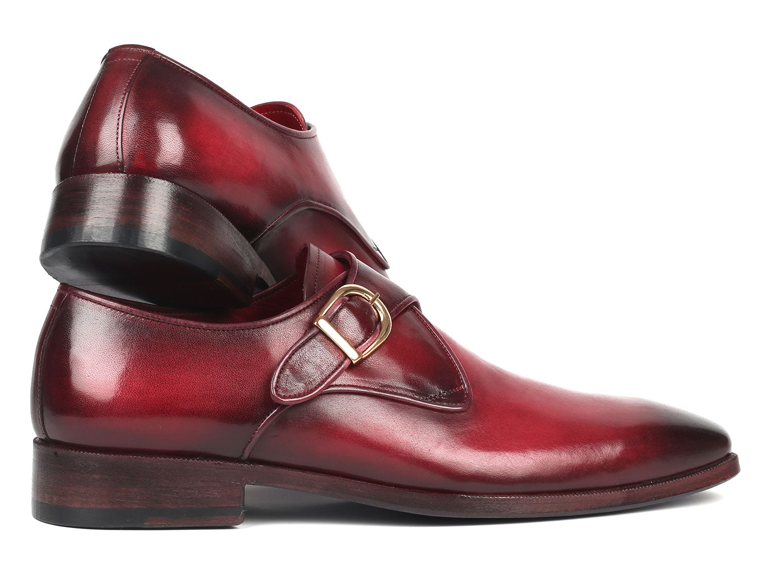 Paul Parkman Men's Single Monkstrap Shoes in burgundy leather with blue burnished sole, showcasing elegant craftsmanship and unique design.