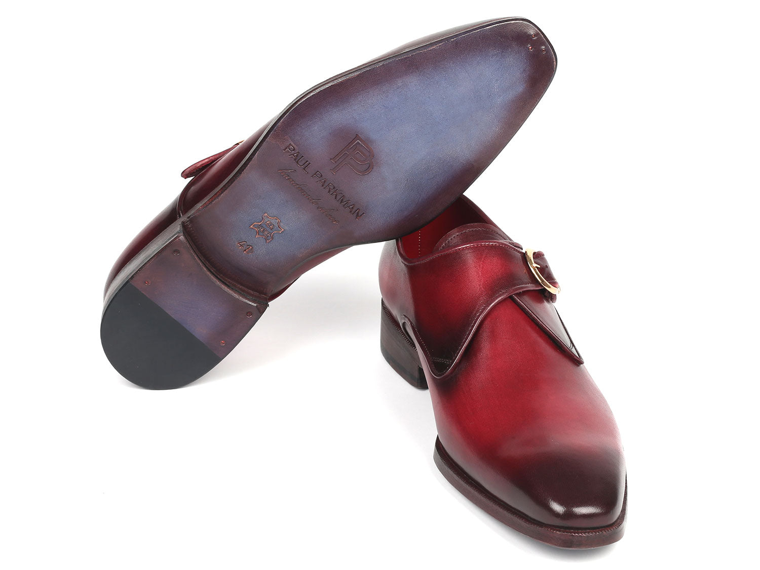 Paul Parkman Men's Single Monkstrap Shoes in burgundy leather with blue burnished sole, showcasing elegant craftsmanship and unique design.