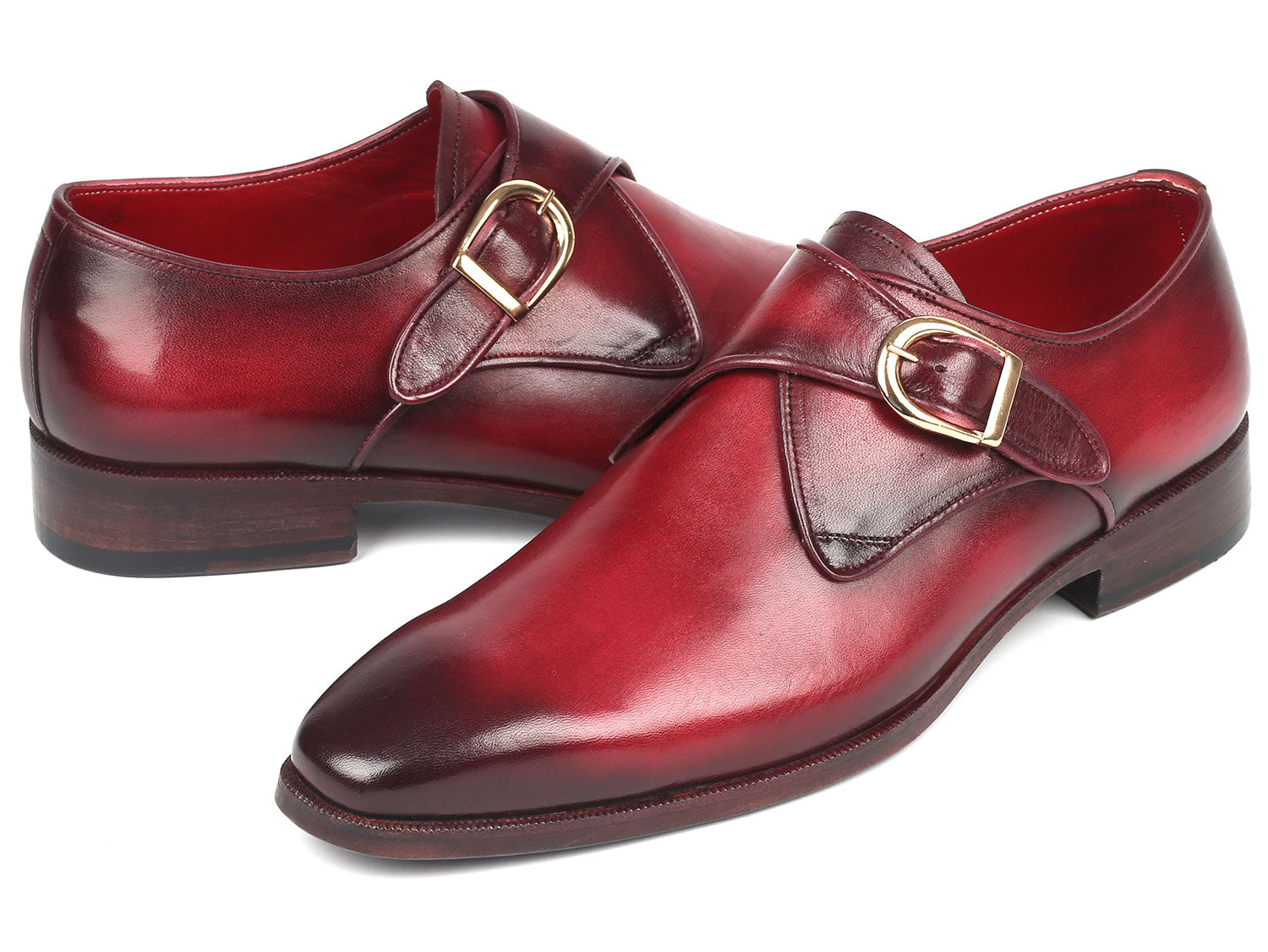 Paul Parkman Men's Single Monkstrap Shoes in burgundy leather with blue burnished sole, showcasing elegant craftsmanship and unique design.