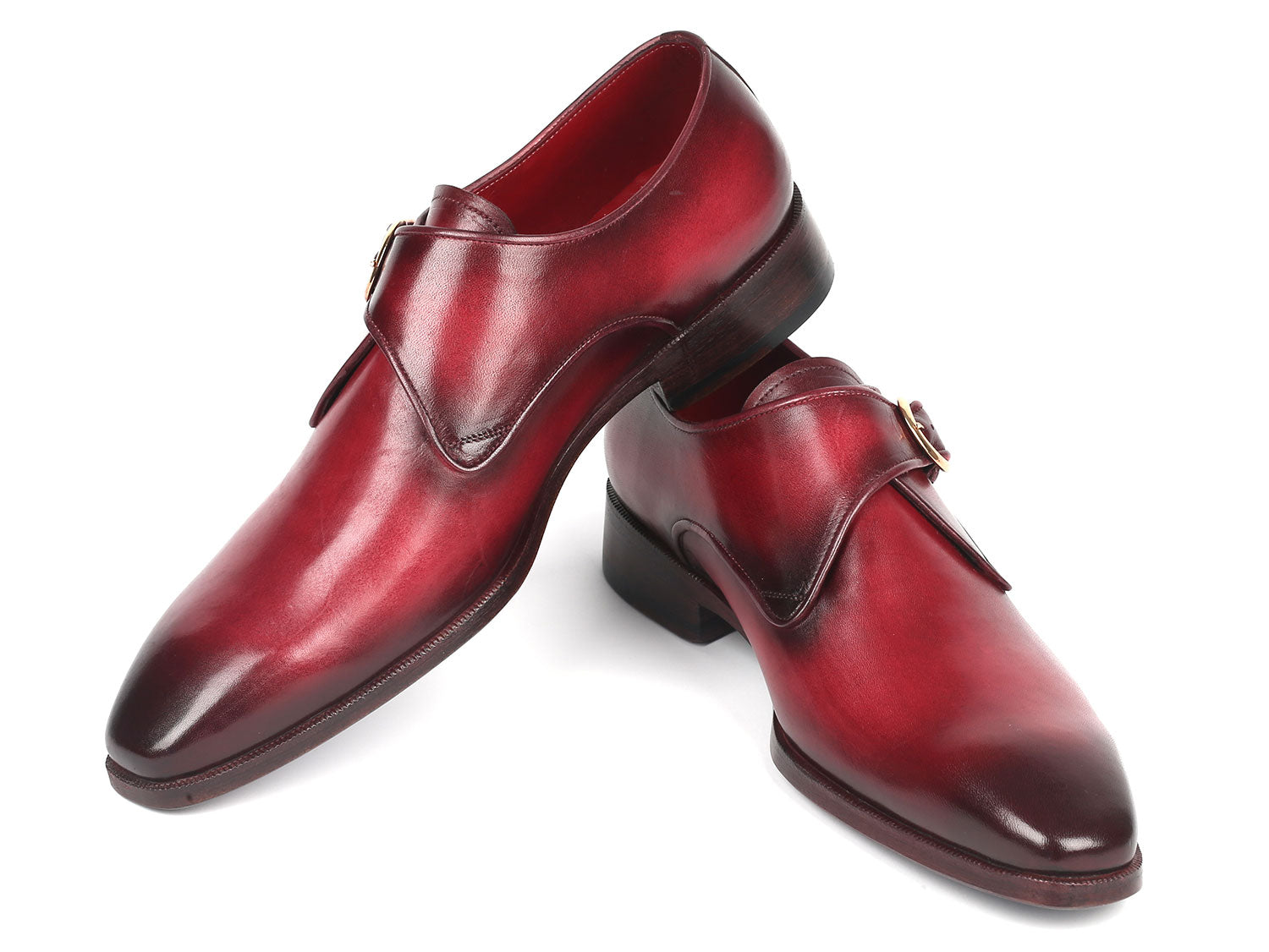 Paul Parkman Men's Single Monkstrap Shoes in burgundy leather with blue burnished sole, showcasing elegant craftsmanship and unique design.