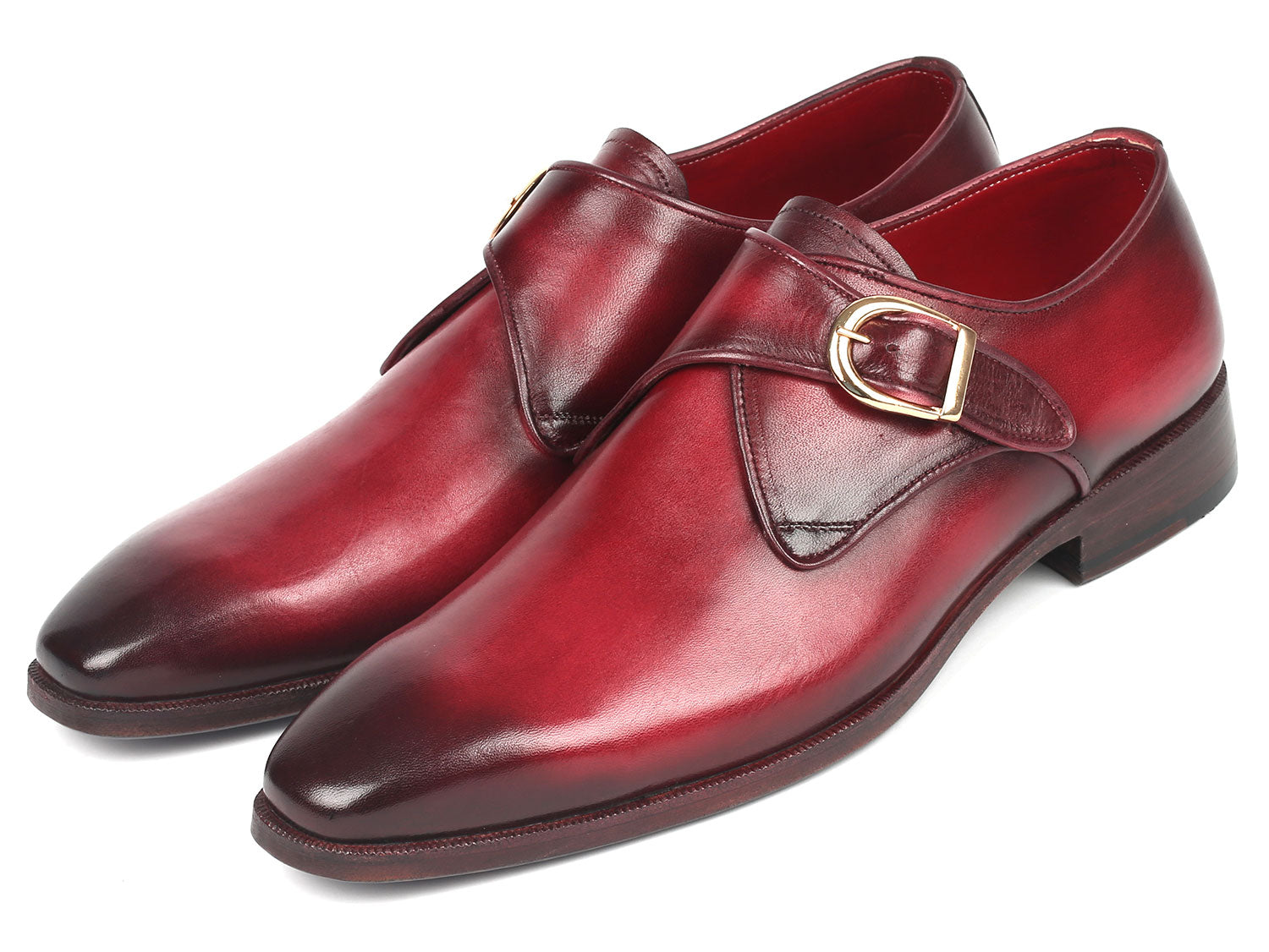 Paul Parkman Men's Single Monkstrap Shoes in burgundy leather with blue burnished sole, showcasing elegant craftsmanship and unique design.